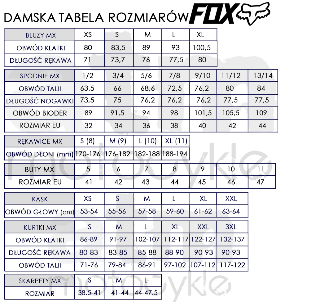 Fox Tabela Rozmiarow