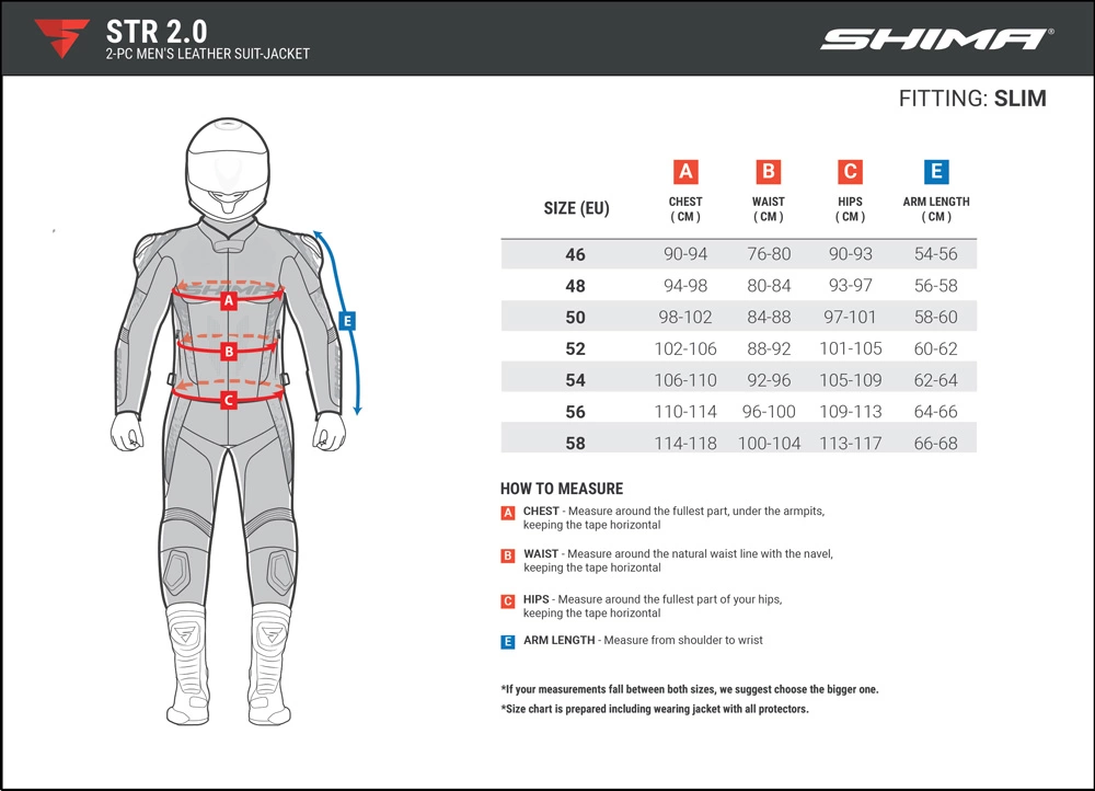 Tabela rozmiarów do kurtka motocyklowa shima str 2.0