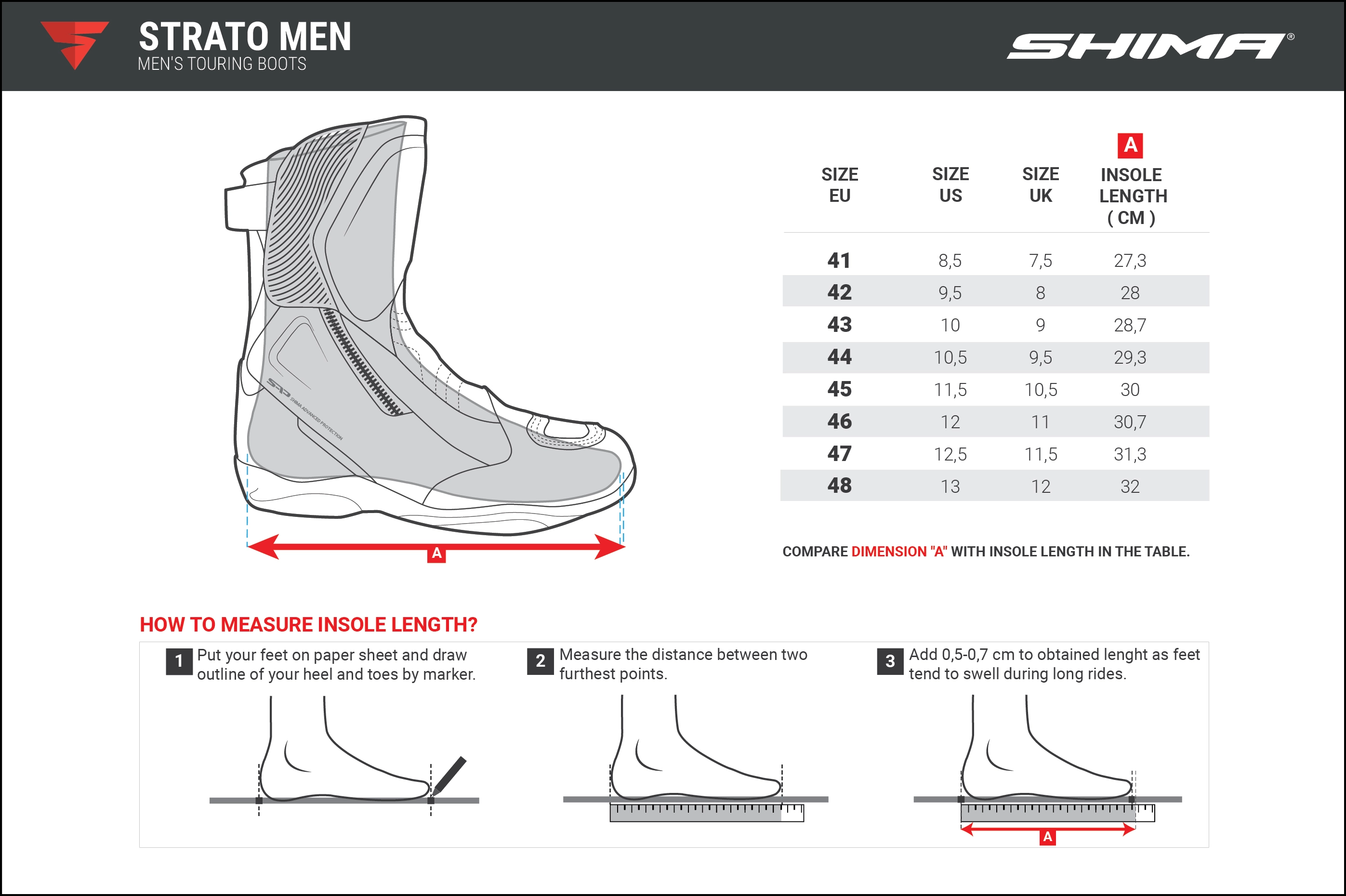 Tabela rozmiarów do buty motocyklowe SHIMA STRATO