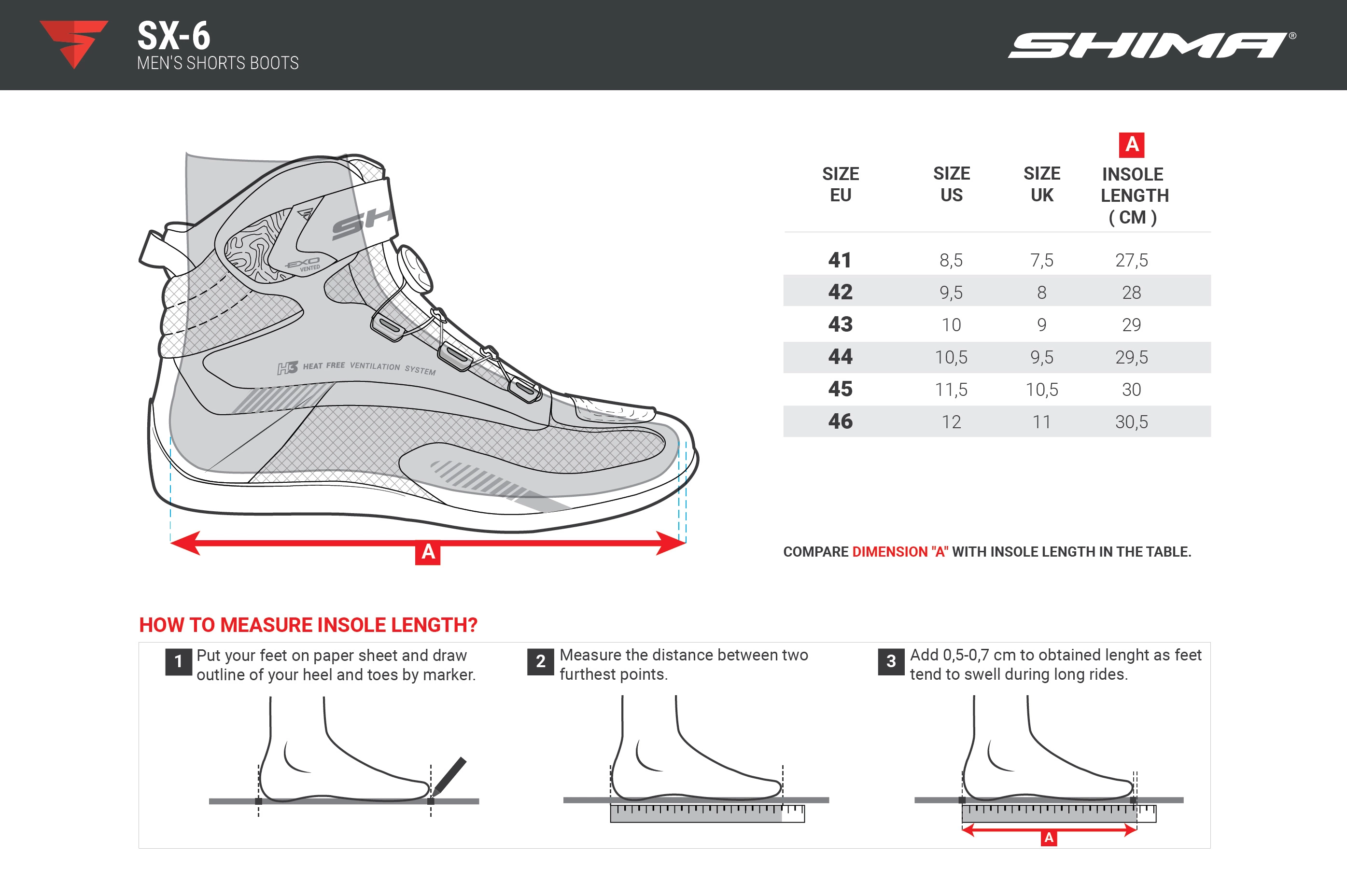 Tabela rozmiarów do buty motocyklowe SHIMA SX-6